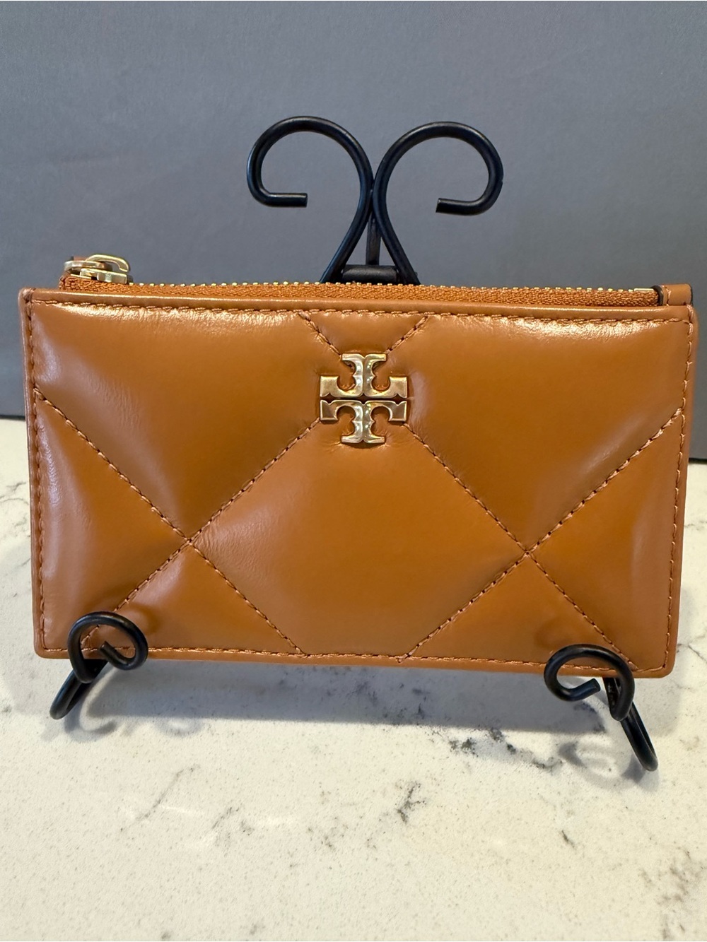 Tory Burch Caramel Quilted Leather Zip Card Holder with Gold Logo